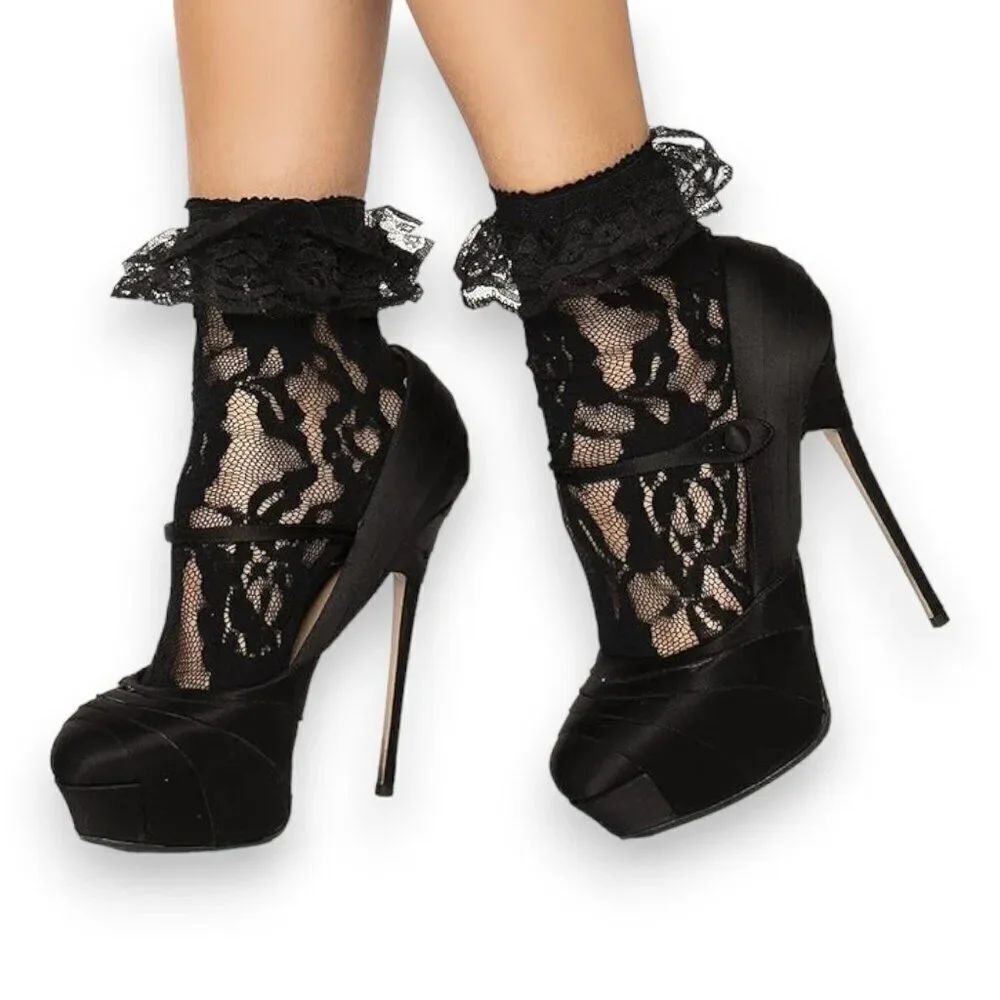 Black Lace Ruffle Top Ankle Socks - NWT